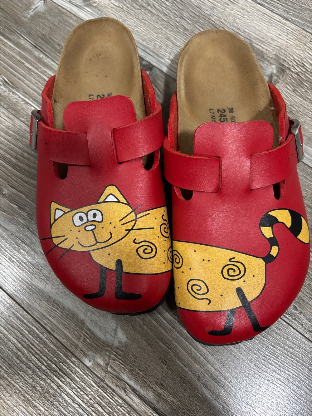 Birkenstock Red Cat Graphic Leather Clogs Shoes EU 38 US 7